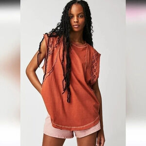 NWOT || FREE PEOPLE || Table For Two, tee, lace, raw hems, baggy fit, medium